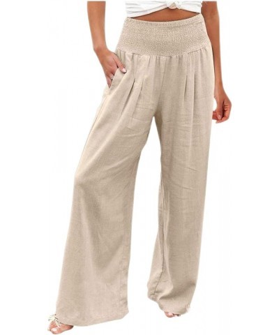 Women Linen Palazzo Pants Flowy Boho Wide Leg High Waist Long Pants Casual Gauze Lounge Pant Trousers with Pockets Linen 06-b...