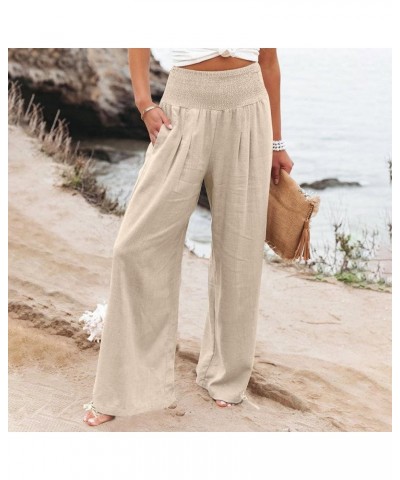 Women Linen Palazzo Pants Flowy Boho Wide Leg High Waist Long Pants Casual Gauze Lounge Pant Trousers with Pockets Linen 06-b...