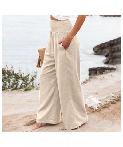 Women Linen Palazzo Pants Flowy Boho Wide Leg High Waist Long Pants Casual Gauze Lounge Pant Trousers with Pockets Linen 06-b...