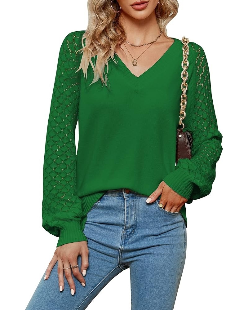 Womens V Neck Sweaters Dressy Casual Winter Long Sleeve Tops Knit Puff Sleeve Pullover Green $22.79 Sweaters