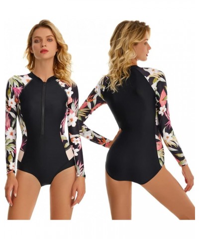 Women's One Piece Long Sleeve Rash Guard UV Protection Printed Surfing Swimsuit Swimwear Bathing Suit Black&pink&flower $15.7...