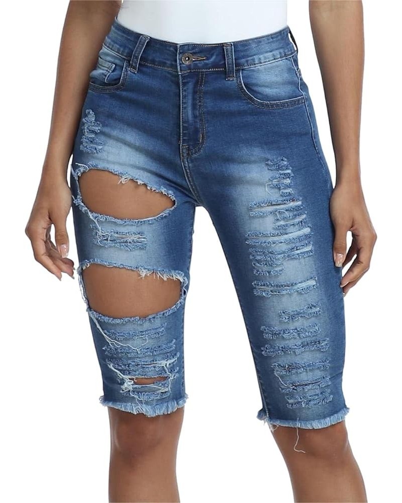 Womens Denim Bermuda Shorts High Waist Ripped Hole Distressed Short Jeans Junior 6638-ripped Blue $14.73 Shorts