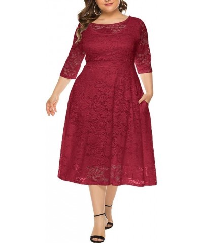 Womens Floral lace Plus Size Midi Dress Scooped Neckline Cocktail Party Dress Red-134 $34.55 Dresses