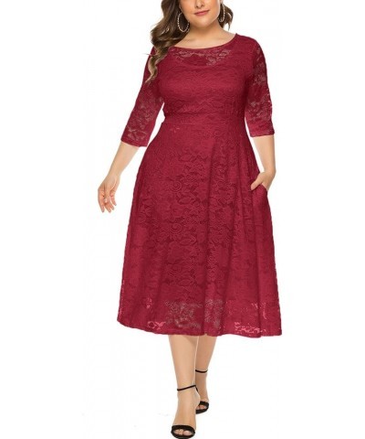 Womens Floral lace Plus Size Midi Dress Scooped Neckline Cocktail Party Dress Red-134 $34.55 Dresses