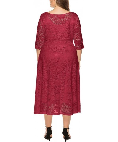 Womens Floral lace Plus Size Midi Dress Scooped Neckline Cocktail Party Dress Red-134 $34.55 Dresses