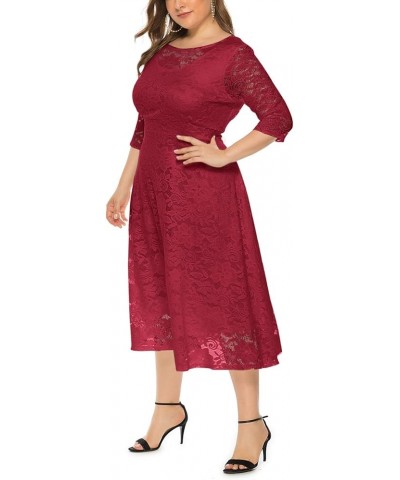 Womens Floral lace Plus Size Midi Dress Scooped Neckline Cocktail Party Dress Red-134 $34.55 Dresses