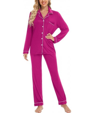 Button Up Pajama Set For Women Long Sleeve Shirt And Pajama Pants Soft Pjs Lounge Sets Rose Red $17.60 Sleep & Lounge