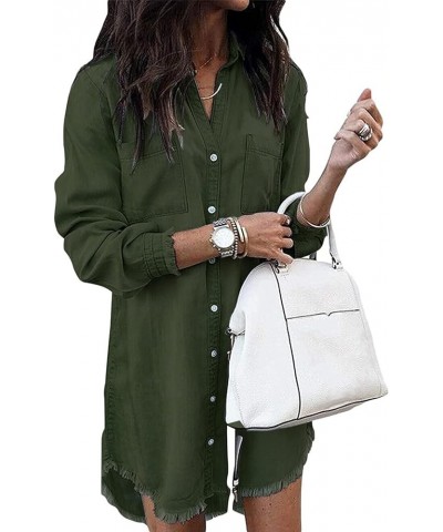 Women Denim Shirt Dresses Long Sleeve Distressed Jean Dress Button Down Casual Tunic Top Armygreen $24.74 Tops