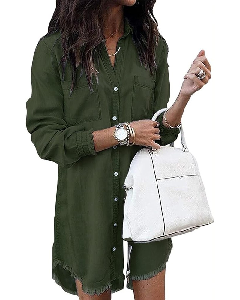 Women Denim Shirt Dresses Long Sleeve Distressed Jean Dress Button Down Casual Tunic Top Armygreen $24.74 Tops