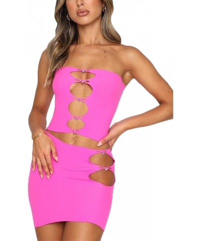 Women's 2 Piece Outfit Suit Sleeveless Hollow Out Halter Backless Tube Crop Top + Side Cutout Mini Skirt Set Rose Red $12.64 ...