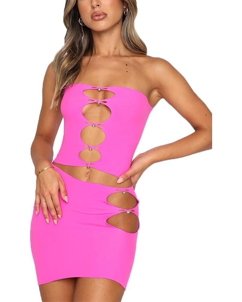 Women's 2 Piece Outfit Suit Sleeveless Hollow Out Halter Backless Tube Crop Top + Side Cutout Mini Skirt Set Rose Red $12.64 ...