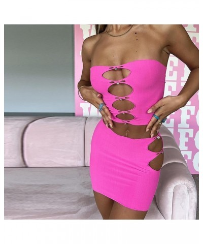 Women's 2 Piece Outfit Suit Sleeveless Hollow Out Halter Backless Tube Crop Top + Side Cutout Mini Skirt Set Rose Red $12.64 ...