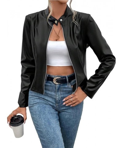 Women's PU Leather Zip Up Jacket Stand Collar Long Sleeve Casual Biker Jackets Coats Black $18.54 Coats