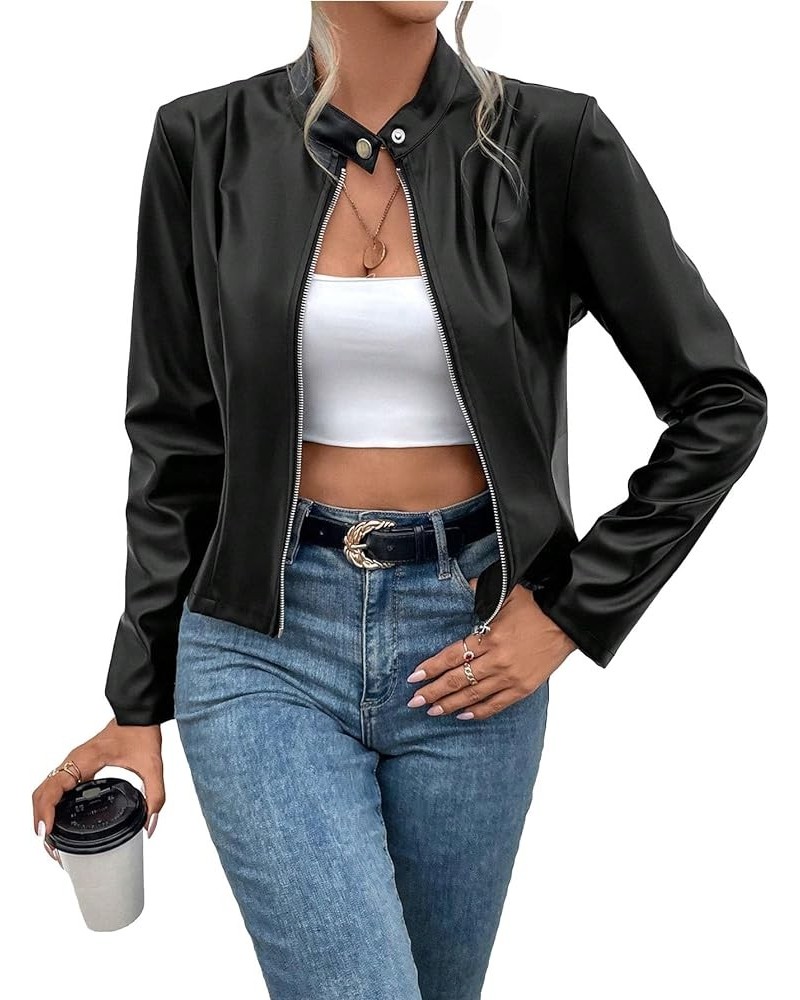 Women's PU Leather Zip Up Jacket Stand Collar Long Sleeve Casual Biker Jackets Coats Black $18.54 Coats