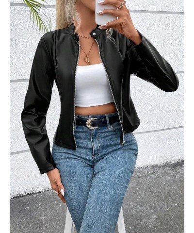 Women's PU Leather Zip Up Jacket Stand Collar Long Sleeve Casual Biker Jackets Coats Black $18.54 Coats