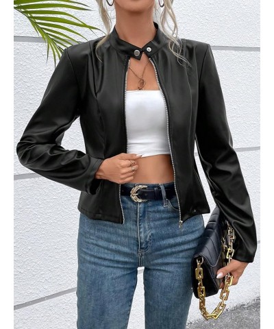 Women's PU Leather Zip Up Jacket Stand Collar Long Sleeve Casual Biker Jackets Coats Black $18.54 Coats