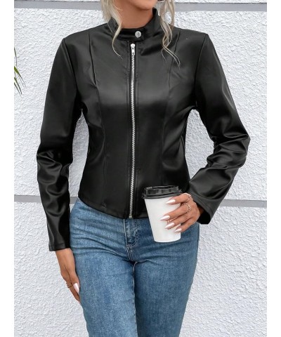 Women's PU Leather Zip Up Jacket Stand Collar Long Sleeve Casual Biker Jackets Coats Black $18.54 Coats