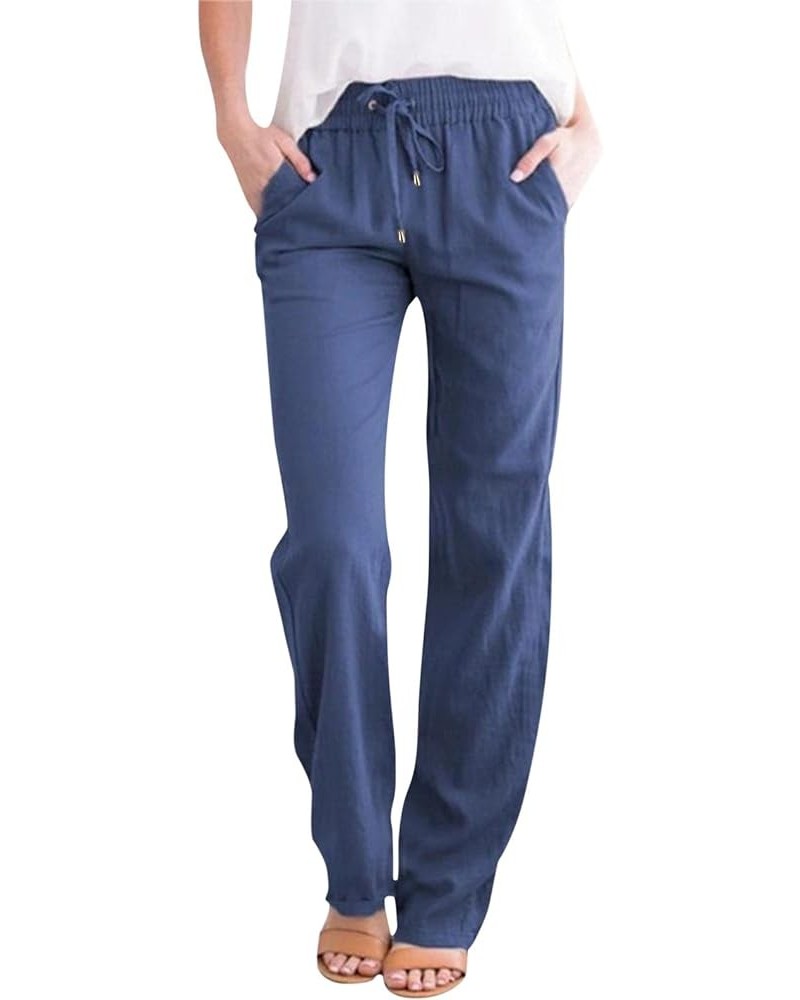 Womens Casual Pants Straight Leg Drawstring Elastic High Waist Loose Comfy Palazzo Trousers with Pockets 02-blue-a $9.02 Pants