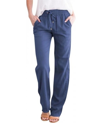 Womens Casual Pants Straight Leg Drawstring Elastic High Waist Loose Comfy Palazzo Trousers with Pockets 02-blue-a $9.02 Pants