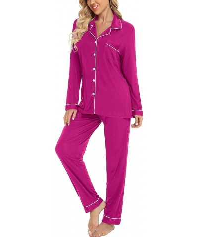 Button Up Pajama Set For Women Long Sleeve Shirt And Pajama Pants Soft Pjs Lounge Sets Rose Red $17.60 Sleep & Lounge