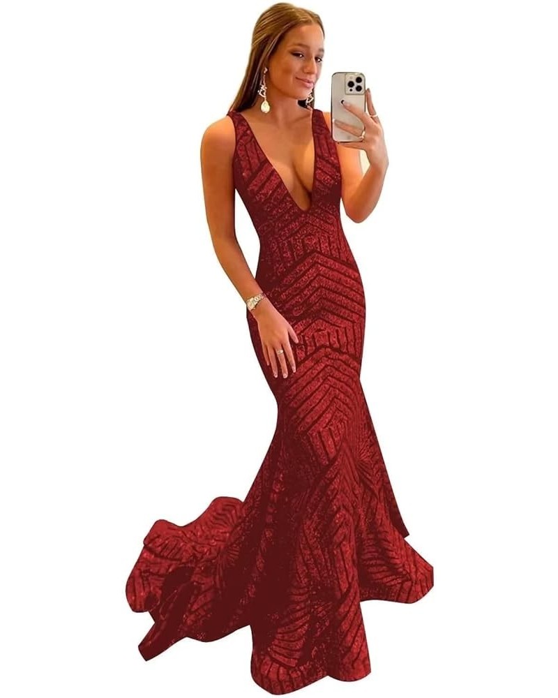 Women's Mermaid Prom Dresses 2023 Deep V Neck Sparkly Sequin Bridesmaid Dress Formal Evening Dress for Women,R112 Burgundy $3...