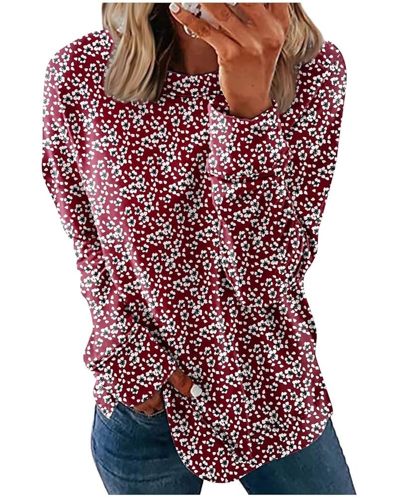 Graphic Long Sleeve Shirts for Women Fashion Casual Floral Print Round Neck Womens Spring Summer Top 2024 07-wine $8.39 Tops