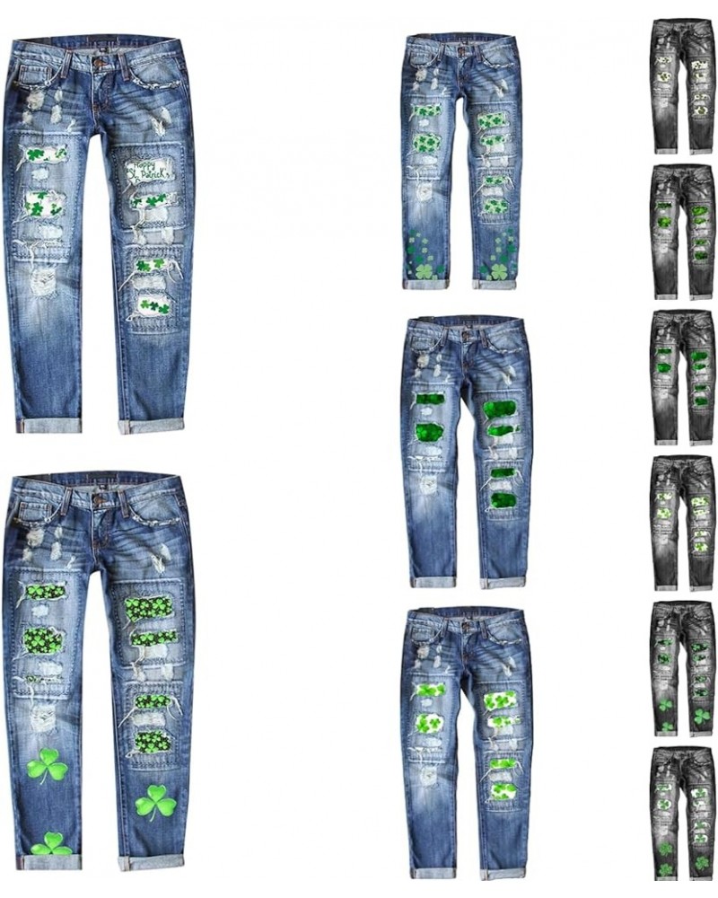 Womens Straight Leg Jeans St Patrick's Day Irish Clover Print Patch Mid Waist Denim Pants Stretch Slim Ankle Blue-i $12.40 Jeans