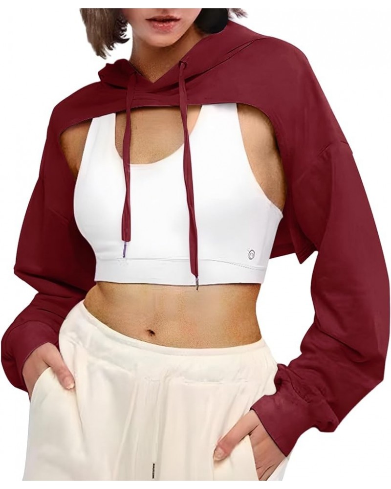 Womens Super Cropped Sweatshirts Crewneck Gym Tops Long Sleeve Loose Fit Pullover Thumb Hole Red $11.89 Activewear