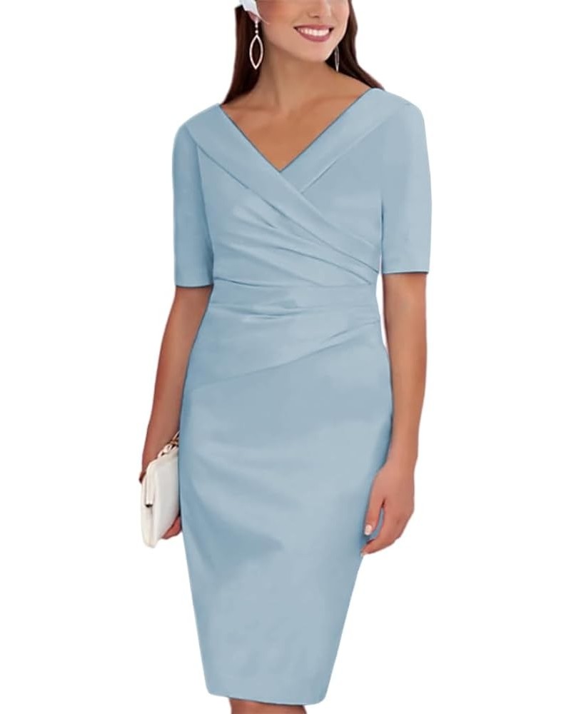 Sheath/Column Mother of The Bride Dress Wedding Guest Elegant Knee Short Sleeve with Ruching 2023 LY028 Dusty Blue $50.50 Dre...