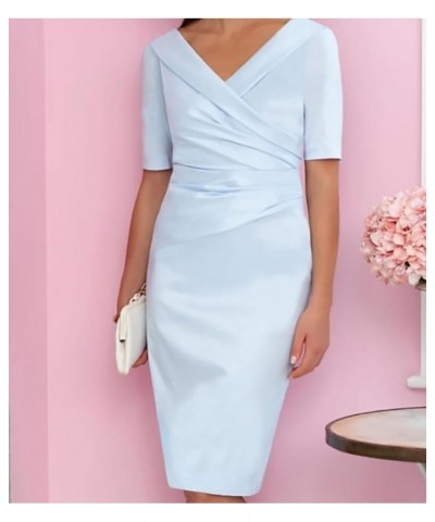 Sheath/Column Mother of The Bride Dress Wedding Guest Elegant Knee Short Sleeve with Ruching 2023 LY028 Dusty Blue $50.50 Dre...