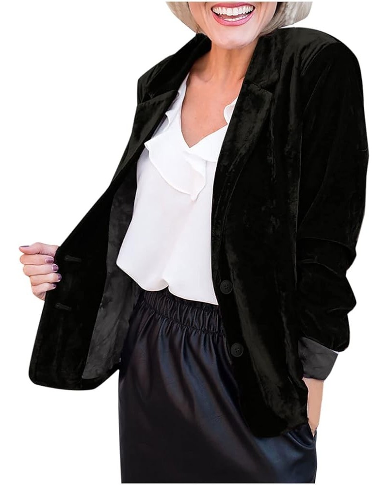 Womens Velvet Blazer Cozy Lightweight Outerwear Retro Buttons Long Sleeve Pokets Jacket Cardigan Coat Office Blazers Z04-blac...
