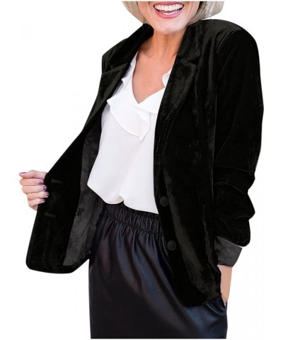 Womens Velvet Blazer Cozy Lightweight Outerwear Retro Buttons Long Sleeve Pokets Jacket Cardigan Coat Office Blazers Z04-blac...