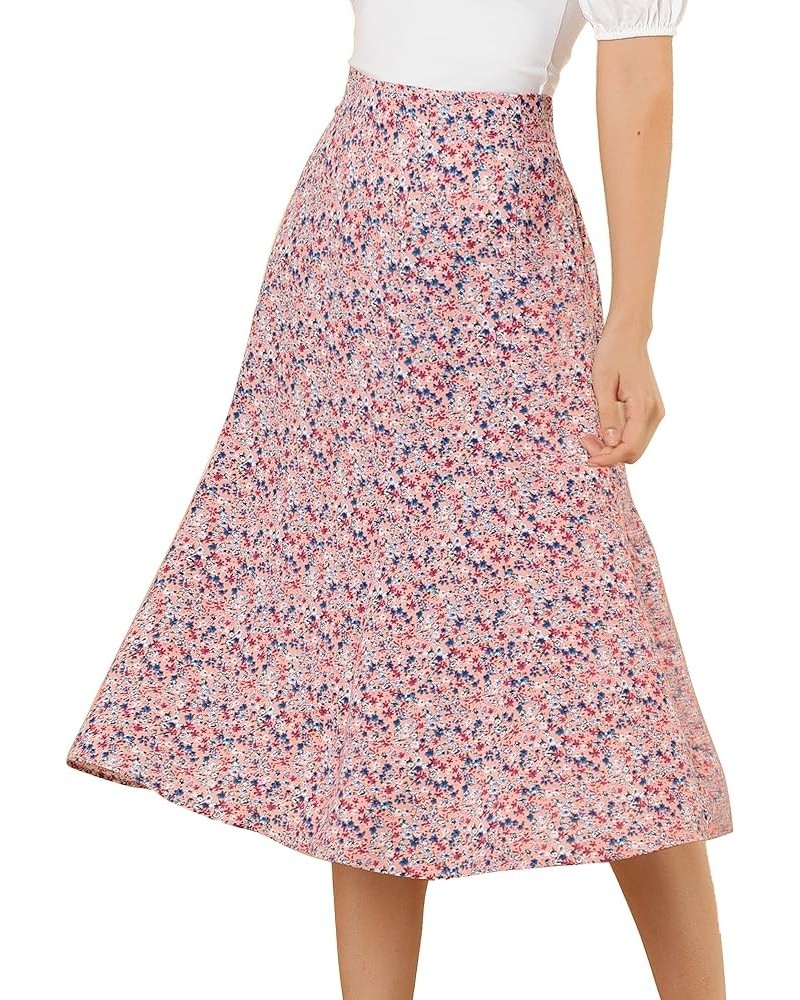 Women's Floral Midi Skirt Peasant Elastic Waist A-Line Ditsy Leave Print Skirts Pink $15.89 Skirts