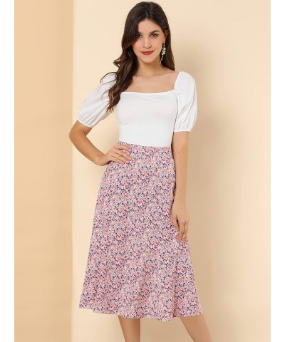 Women's Floral Midi Skirt Peasant Elastic Waist A-Line Ditsy Leave Print Skirts Pink $15.89 Skirts