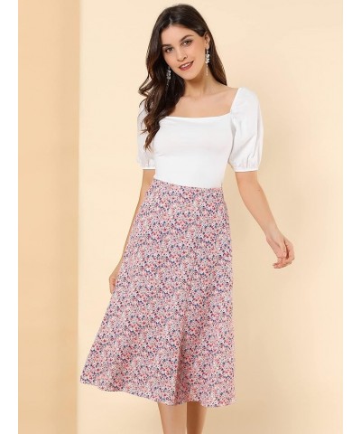 Women's Floral Midi Skirt Peasant Elastic Waist A-Line Ditsy Leave Print Skirts Pink $15.89 Skirts