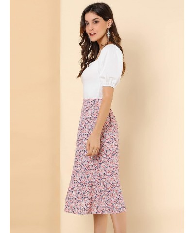 Women's Floral Midi Skirt Peasant Elastic Waist A-Line Ditsy Leave Print Skirts Pink $15.89 Skirts