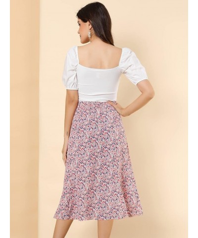 Women's Floral Midi Skirt Peasant Elastic Waist A-Line Ditsy Leave Print Skirts Pink $15.89 Skirts