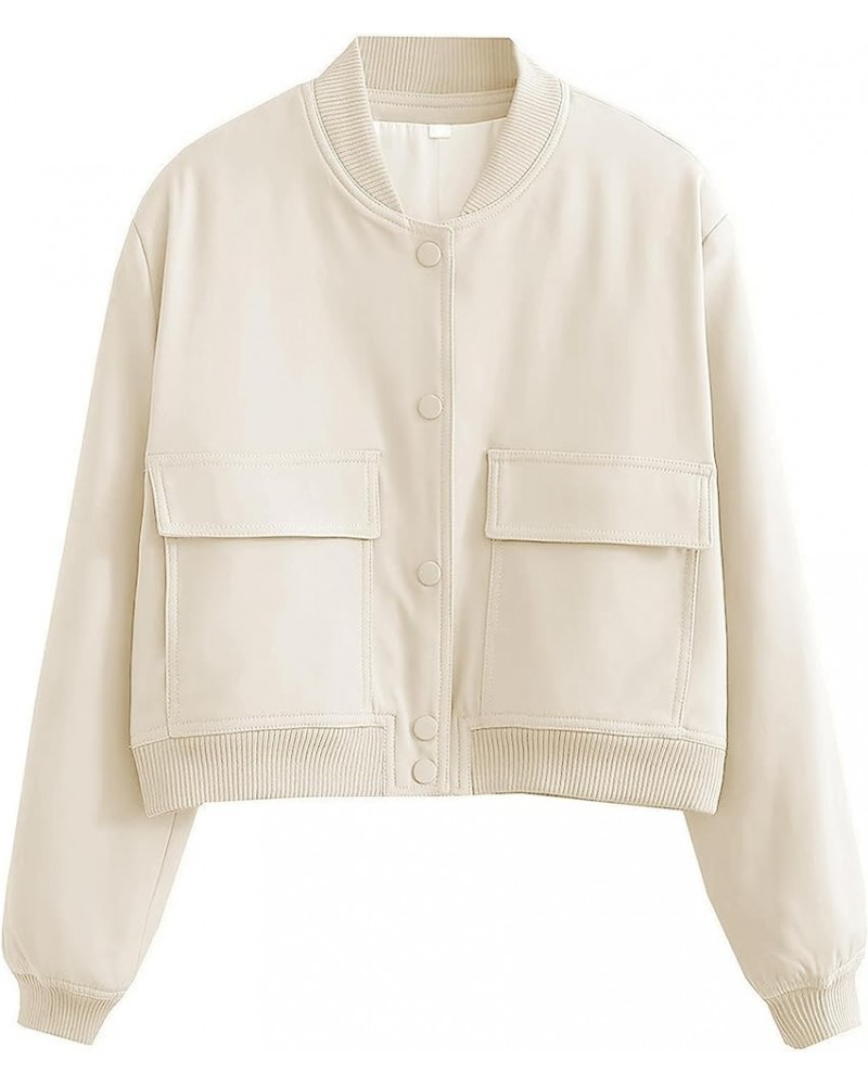 Women's Cropped Bomber Jacket Button Down Long Sleeves Varsity Windbreakers Coat Beige $14.57 Jackets