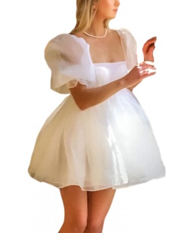 Women Puff Sleeve Dress Square Collar High Waist Ruffles Princess Dress Flowy Big Hem Babydoll Mini Dress Lolita White 2 $9.8...