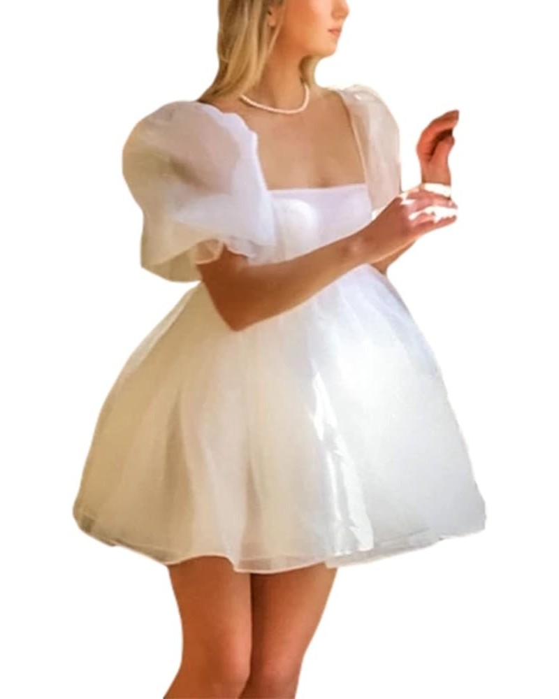 Women Puff Sleeve Dress Square Collar High Waist Ruffles Princess Dress Flowy Big Hem Babydoll Mini Dress Lolita White 2 $9.8...
