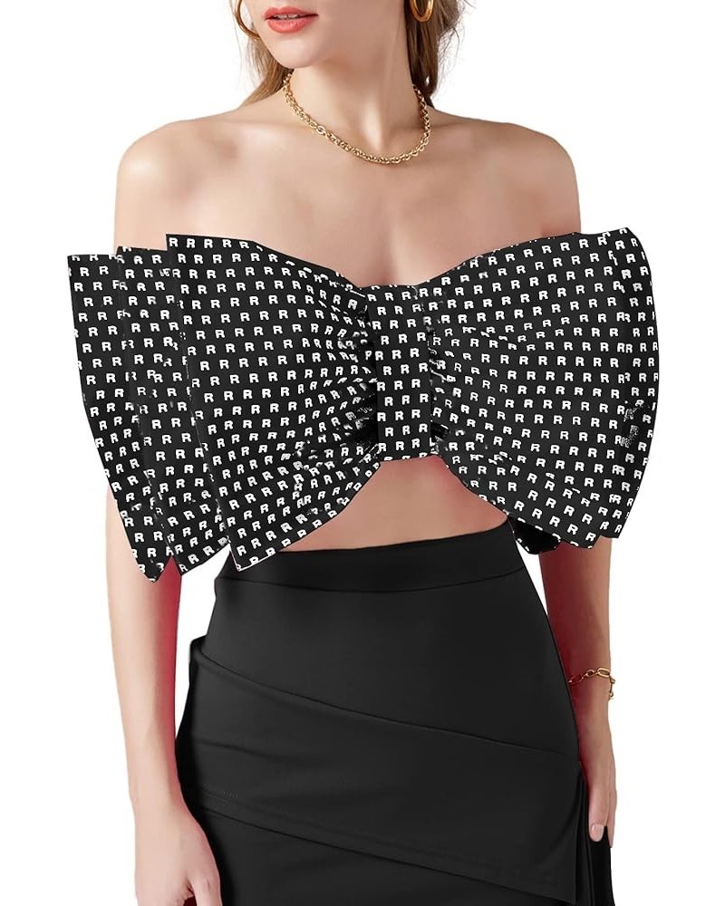 Women's Sexy Layer Bow Tie Tube Crop Top Sleeveless Strapless Print Party Fluffy Tank Top Black $17.20 Tanks