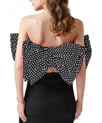 Women's Sexy Layer Bow Tie Tube Crop Top Sleeveless Strapless Print Party Fluffy Tank Top Black $17.20 Tanks