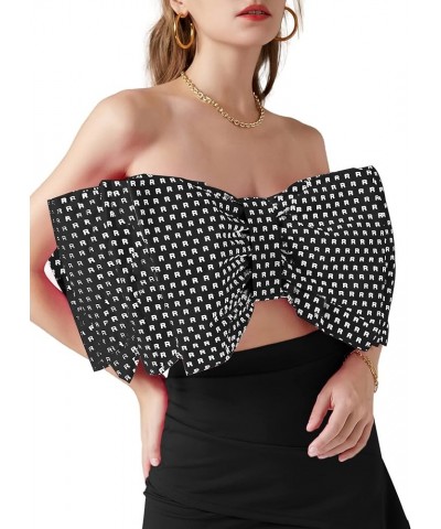 Women's Sexy Layer Bow Tie Tube Crop Top Sleeveless Strapless Print Party Fluffy Tank Top Black $17.20 Tanks