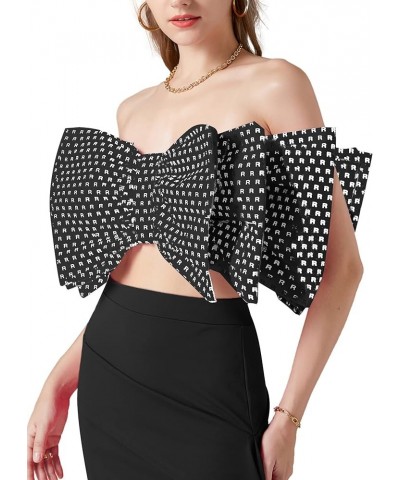 Women's Sexy Layer Bow Tie Tube Crop Top Sleeveless Strapless Print Party Fluffy Tank Top Black $17.20 Tanks