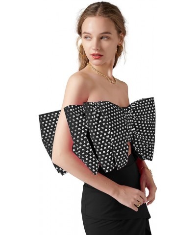 Women's Sexy Layer Bow Tie Tube Crop Top Sleeveless Strapless Print Party Fluffy Tank Top Black $17.20 Tanks