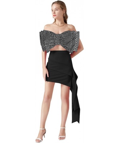 Women's Sexy Layer Bow Tie Tube Crop Top Sleeveless Strapless Print Party Fluffy Tank Top Black $17.20 Tanks