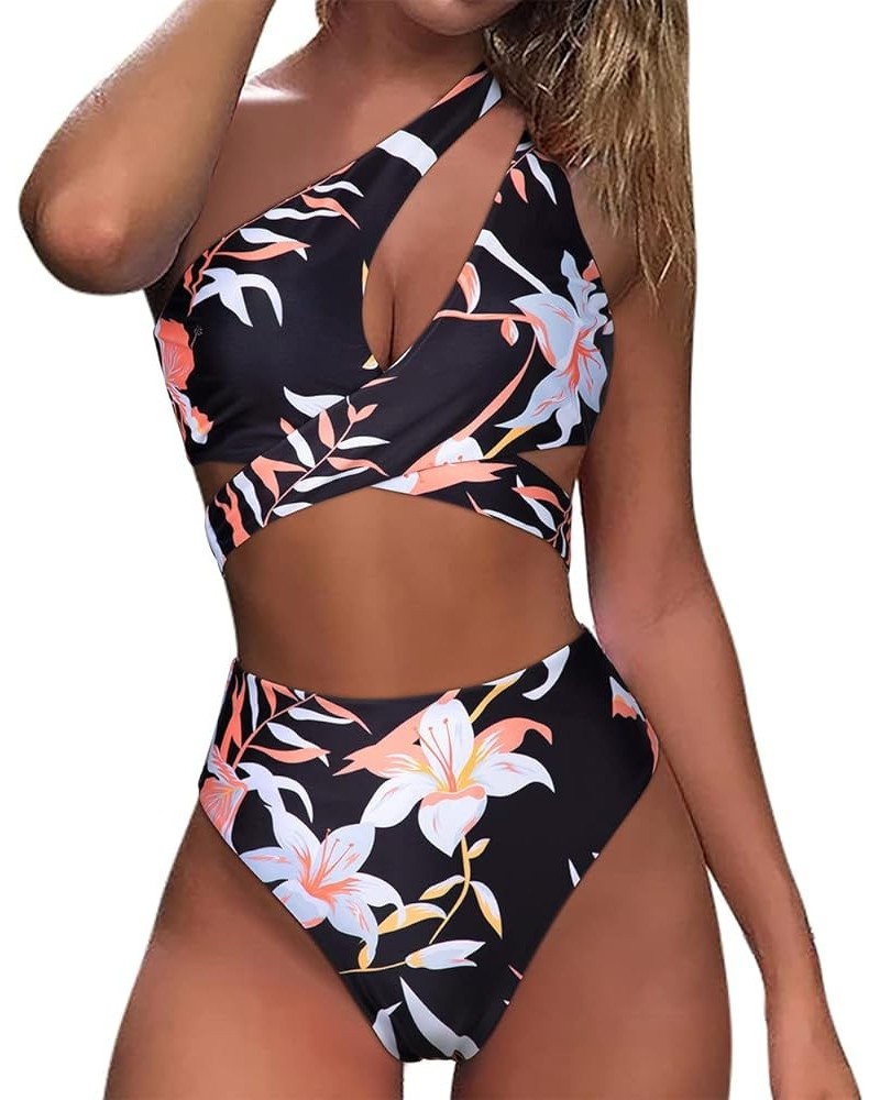Women Sexy Cutout One Shoulder High Waisted Bikini Tie High Cut Two Piece Swimsuit Black Floral-2 $17.28 Swimsuits