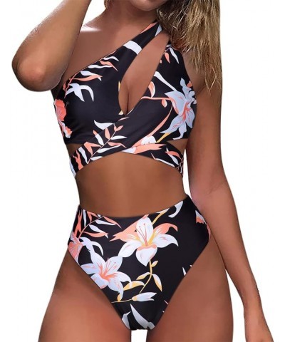 Women Sexy Cutout One Shoulder High Waisted Bikini Tie High Cut Two Piece Swimsuit Black Floral-2 $17.28 Swimsuits