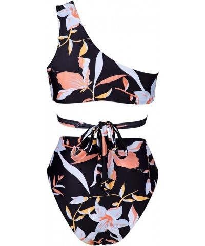 Women Sexy Cutout One Shoulder High Waisted Bikini Tie High Cut Two Piece Swimsuit Black Floral-2 $17.28 Swimsuits