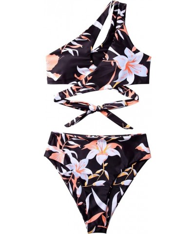 Women Sexy Cutout One Shoulder High Waisted Bikini Tie High Cut Two Piece Swimsuit Black Floral-2 $17.28 Swimsuits